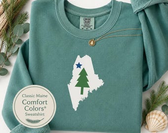 Maine, Comfort Colors, State, 1901 flag style, map, Unisex Garment-Dyed Sweatshirt, pine, tree, star, gift, family, Christmas, men's women's