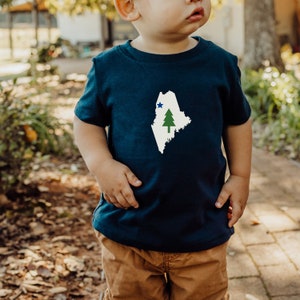 Maine, bebé, infante, estilo del estado de 1901, bandera, camiseta de manga corta, remera, top, niños, niñas, familia, a juego, regalo, vacaciones, Mainer, niño, mapa