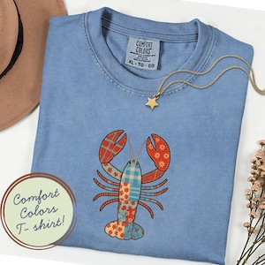 Comfort kleuren patchwork kreeft kreeft unisex T-shirt gewatteerde look klauwen bakken vakantie cadeau moeder vader familie kust kust kust quilt vis