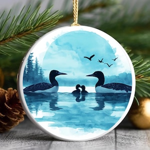 Loon family blue LAKE sunset Ceramic ornament, gift, mom, dad, decor, cabin, camp, baby, wildlife, sunrise, nature, bird, holiday, christmas