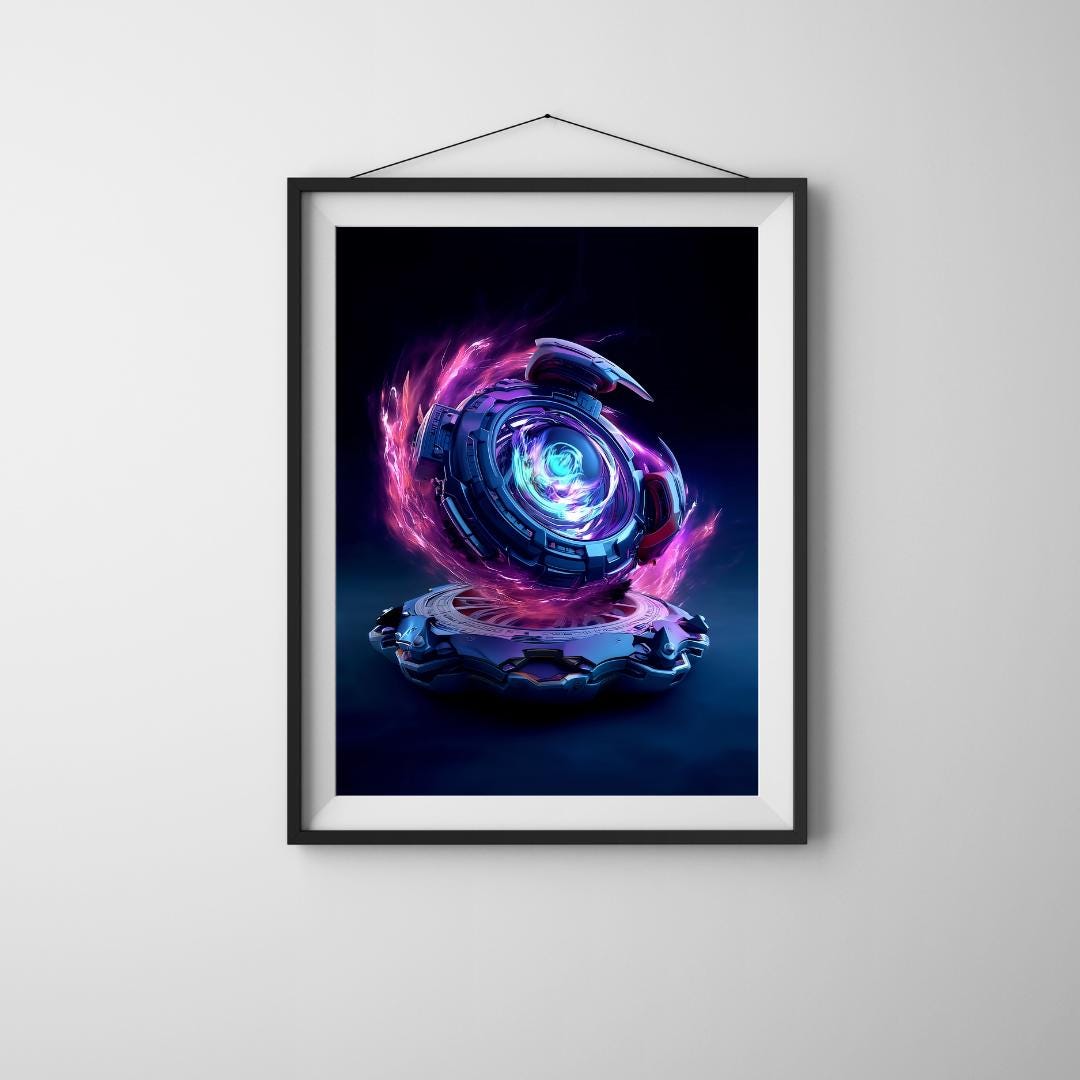 Voidflare Nexus - Nebula Surge Edition, poster fantascientifico di Beyblade Burst, arte digitale per fan e collezionisti, Beyblade Arena Spin viola e