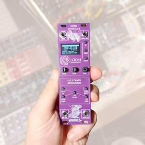 Könnte beinhalten: Ein violettes Loom Synthesizer Drone-Modul mit einem digitalen Display, drei schwarzen Drehreglern sowie verschiedenen Ein- und Ausgangsbuchsen. Die Frontplatte ist mit Texten wie Drone Synthesizer, LFO/Chaos Modulation und Bigzun beschriftet.