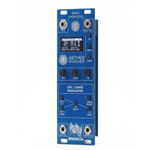 May include: A blue Aether Evolver drone synthesizer module featuring a digital display, three control knobs, multiple push buttons, and input/output jacks. The front panel includes text labels such as CV IN, ROOT OUT, LFO/CHAOS MODULATION, and BIGZUN.