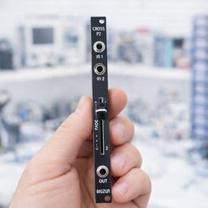 Peut inclure: Module électronique noir avec les inscriptions "CROSS P2", "IN 1", "IN 2", "FADE", "OUT" et "BIGZUN". Il comporte un curseur et des prises d'entrée/sortie. Le module est tenu dans une main.