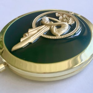 Luxury Handbag Compact Mirror, Emerald Deep Green Glossy Enamel with Art Nouveau Gold Lady Faux Pearl Accent image 5
