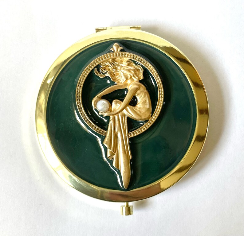 Luxury Handbag Compact Mirror, Emerald Deep Green Glossy Enamel with Art Nouveau Gold Lady Faux Pearl Accent image 2