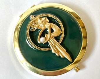 Luxury Handbag Compact Mirror, “Emerald” Deep Green Glossy Enamel with Art Nouveau Gold Lady Faux Pearl Accent