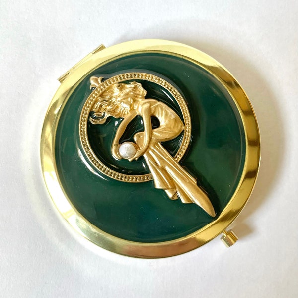 Miroir compact pour sac à main de luxe, « Émeraude » émail brillant vert foncé avec accents de fausses perles Art nouveau en or