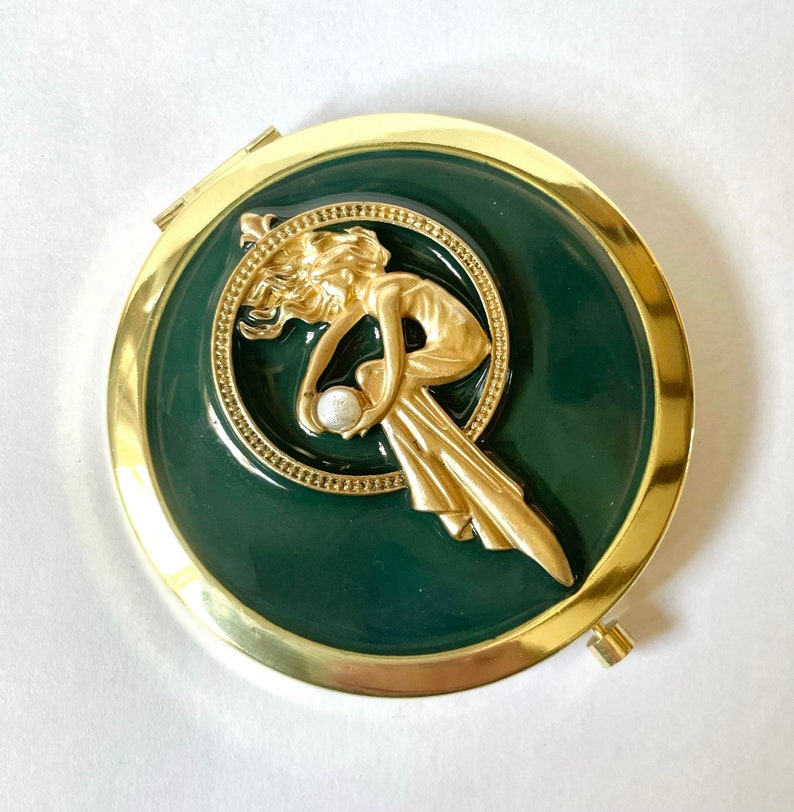 Luxury Handbag Compact Mirror, Emerald Deep Green Glossy Enamel with Art Nouveau Gold Lady Faux Pearl Accent image 1