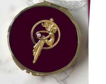 Luxury Weekly 7 day Large Gold Pill Box,  ‘Ruby,’ Rich & Dark Red Blue Enamel with Elegant Art Nouveau Lady Faux Pearl Accent