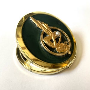 Luxury Handbag Compact Mirror, Emerald Deep Green Glossy Enamel with Art Nouveau Gold Lady Faux Pearl Accent image 4