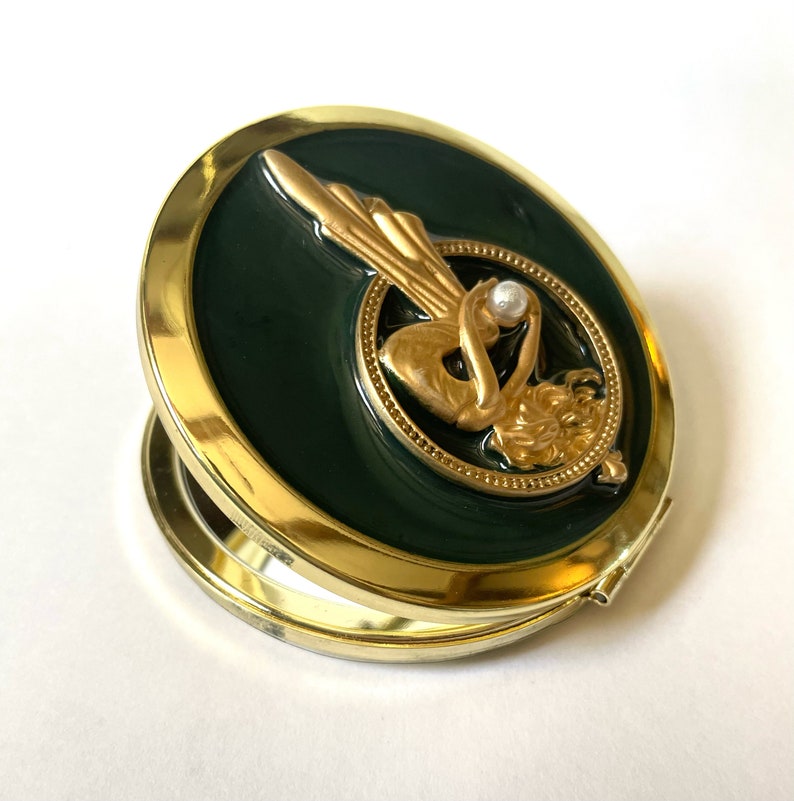 Luxury Handbag Compact Mirror, Emerald Deep Green Glossy Enamel with Art Nouveau Gold Lady Faux Pearl Accent image 4