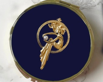 Luxury Weekly 7 day Large Gold Pill Box,  ‘Midnight,’ Rich Deep & Glossy Navy Blue Enamel with Elegant Art Nouveau Lady Faux Pearl Accent