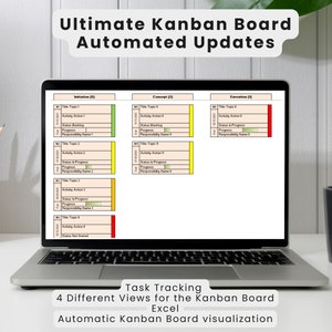 Puede incluir: Una pantalla de computadora portátil que muestra un tablero Kanban con el título "Ultimate Kanban Board Automated Updates". El tablero está dividido en tres columnas: "Initiation", "Concept" y "Execution". Cada columna tiene una lista de tareas con sus títulos, acciones de actividad, estado, progreso y nombres de responsabilidad. El texto debajo de la pantalla dice "Seguimiento de tareas 4 vistas diferentes para el tablero Kanban Excel Visualización automática del tablero Kanban".