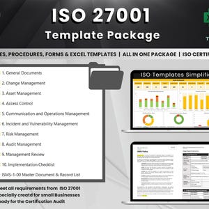 Op de afbeelding: Een promotionele afbeelding voor een ISO 27001 Template Package. De afbeelding bevat de tekst "ISO 27001 Template Package" en lijsten met documenten, procedures en formulieren. Twee laptops tonen grafieken en documenten. Het pakket is ontworpen voor kleine bedrijven.