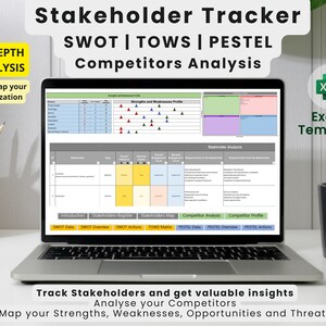 Pode incluir: Um ecrã de computador portátil que mostra uma folha de cálculo com o título "Stakeholder Tracker". A folha de cálculo inclui secções para análise SWOT, TOWS, PESTEL e análise da concorrência. O ecrã também inclui o texto "Track Stakeholders and get valuable insights. Analyze your Competitors. Map your Strengths, Weaknesses, Opportunities and Threats."