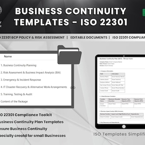 Op de afbeelding: Een grafiek met een blauw-wit logo voor Quality Overview, een bedrijf dat business continuity-sjablonen levert voor ISO 22301-conformiteit. De grafiek bevat een mapicoon met de tekst "Business Continuity Planning" en een lijst met vijf items: Business Continuity Planning, Risicobeoordeling en Business Impact Analysis (BIA), Nood- en incidentrespons, IT-rampenherstel en alternatieve werkarrangementen, en Training, testen en audit. De grafiek bevat ook de tekst "ISO 22301 Compliance Toolkit", "Business Continuity Plan Templates", "Ensure Business Continuity" en "Specially created for small Businesses".