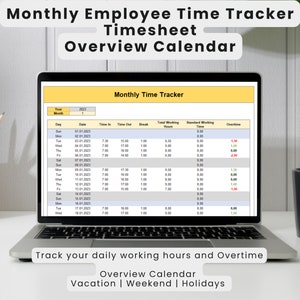 Monthly Employee Time Tracker | Time sheet | Working Hours | Vacation | Overtime | Calendar