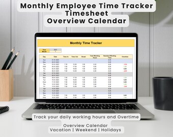 May include: A laptop computer screen displaying a monthly time tracker spreadsheet with columns for date, time in, time out, break, total working hours, standard working time, and overtime. The spreadsheet is titled "Monthly Time Tracker". The text below the spreadsheet reads "Track your daily working hours and Overtime" and "Overview Calendar Vacation | Weekend | Holidays".