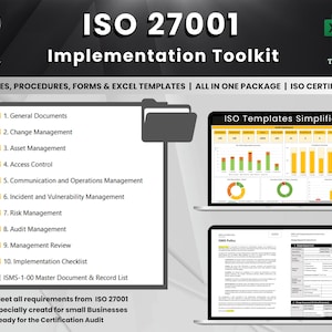 Puede incluir: Un kit de herramientas digital para la implementación de ISO 27001. La imagen muestra el título "ISO 27001 Implementation Toolkit" con el logotipo "Quality Overview". Incluye una lista de documentos y dos pantallas de portátiles con plantillas de Excel.
