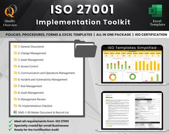 Könnte beinhalten: Ein digitales Toolkit zur Implementierung von ISO 27001. Das Bild zeigt den Titel "ISO 27001 Implementation Toolkit" mit dem Logo "Quality Overview". Es enthält eine Liste von Dokumenten und zwei Laptop-Bildschirme mit Excel-Vorlagen.