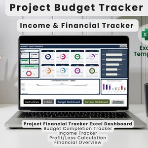 以下が含まれることがあります： プロジェクトの予算トラッカーのスプレッドシートが、チャートとグラフと共にラップトップの画面に表示されています。スプレッドシートのタイトルは「Project Budget Tracker」と「Income & Financial Tracker」です。スプレッドシートは、「Instructions」、「Entries」、「Budget Dashboard」、「Income Dashboard」、「Settings」というラベルの付いたセクションに分割されています。スプレッドシートは、プロジェクトの収入と支出を追跡するために設計されています。スプレッドシートはExcelテンプレートです。