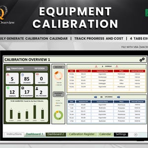 Equipment Calibration Schedule and Tracking Tool | Automated Calibration Calendar | Calibration Cost | Excel spreadsheet template, dashboard