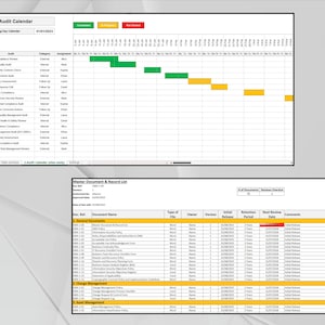 Pu&ograve; includere: Due fogli di calcolo, uno etichettato "Audit Calendar" e l'altro "Master Document & Record List". L'"Audit Calendar" mostra una sequenza temporale con barre verdi, gialle e rosse. Il "Master Document" elenca nomi di documenti, tipi di file e date di revisione.