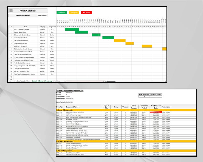 Pu&ograve; includere: Due fogli di calcolo, uno etichettato "Audit Calendar" e l'altro "Master Document & Record List". L'"Audit Calendar" mostra una sequenza temporale con barre verdi, gialle e rosse. Il "Master Document" elenca nomi di documenti, tipi di file e date di revisione.