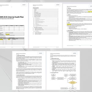 Pu&ograve; includere: Diverse pagine di un documento intitolato "ISMS-8-01 Internal Audit Plan" con il testo "To the Requirements of ISO 27001:2022." I documenti includono tabelle, un sommario e testo dettagliato.