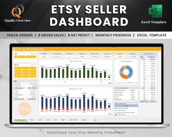 Tableau de bord vendeur Etsy | Suivi des ventes Excel | Rapport de profits et pertes | Tableau de bord de performance | Feuille de calcul analytique Etsy