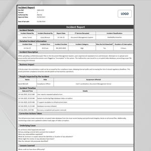 Pu&ograve; includere: Un rapporto dettagliato sull'incidente con un logo in alto a destra. Il rapporto include sezioni su dettagli dell'incidente, informazioni dettagliate, descrizione, impatto aziendale, cronologia e azioni correttive. Il documento &egrave; principalmente in bianco e nero.