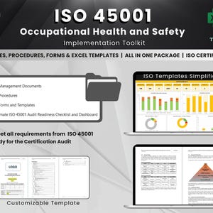 Può includere: Immagine che promuove un toolkit per l'implementazione della ISO 45001 sulla salute e sicurezza sul lavoro. L'immagine include il testo "ISO 45001" e "Toolkit per l'implementazione della salute e sicurezza sul lavoro". Mostra un dashboard e un modello personalizzabile.