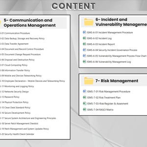 Pu&ograve; includere: Documento digitale con titolo "CONTENT", diviso in sezioni: Comunicazione e Gestione delle Operazioni, Gestione degli Incidenti e delle Vulnerabilit&agrave; e Gestione dei Rischi. Ogni sezione elenca procedure e politiche.
