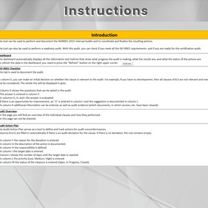 May include: A document with instructions for performing and documenting ISO 9001:2015 internal audits. The document includes sections on the dashboard, checklist, audit overview, and audit action plan.