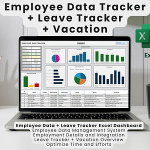 Könnte beinhalten: Ein Laptop-Bildschirm zeigt eine Excel-Tabelle mit einem Dashboard zur Verfolgung von Mitarbeiterdaten, Urlaub und Ferien. Das Dashboard enthält Diagramme und Grafiken sowie eine Tabelle mit Mitarbeiterinformationen. Der Titel der Tabelle lautet "Employee Data Tracker + Leave Tracker + Vacation".