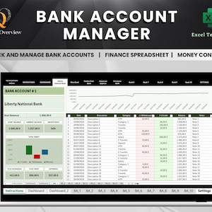 Könnte beinhalten: Ein Computerbildschirm zeigt eine Tabellenkalkulation zur Verwaltung von Bankkonten. Die Tabellenkalkulation enthält Spalten für Datum, Beschreibung, Kategorie, Abhebung, Gutschrift und Kontostand. Die Tabellenkalkulation enthält auch ein Diagramm, das den Kontostand im Zeitverlauf zeigt. Der Titel der Tabellenkalkulation lautet "Bankkonto-Manager".
