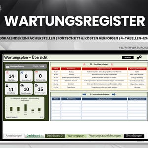 Może przedstawiać: Ekran laptopa wyświetla arkusz kalkulacyjny Excel w języku niemieckim, zatytułowany "WARTUNGSREGISTER". Interfejs zawiera przegląd planu konserwacji z polami danych i kalendarzem. Plik Excel został zaprojektowany do śledzenia postępów i kosztów.