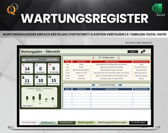 Wartungsregister Excel Vorlage | Wartungsplaner & Wartungs-Tracker | Wartungskosten | Übersichtliche Planung aller Wartungstermine.