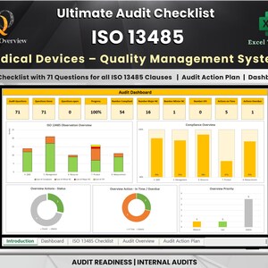 May include: A laptop screen displays an Excel template for ISO 13485 medical device quality management systems. The screen shows an audit checklist with 71 questions, audit dashboard, and action plan. The template includes charts and graphs for data visualization.