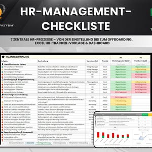 Puede incluir: Una plantilla digital de lista de verificación de gestión de recursos humanos que se muestra en la pantalla de una computadora portátil, con un icono de plantilla de Excel en la esquina superior derecha. La lista de verificación incluye secciones para la adquisición de talento, la presupuestación y el reclutamiento.