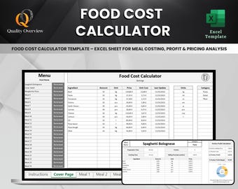 May include: A digital Excel template titled "FOOD COST CALCULATOR" displayed on a laptop screen. The template includes sections for menu, ingredients, and cost analysis. The text "Quality Overview" and an Excel logo are visible.