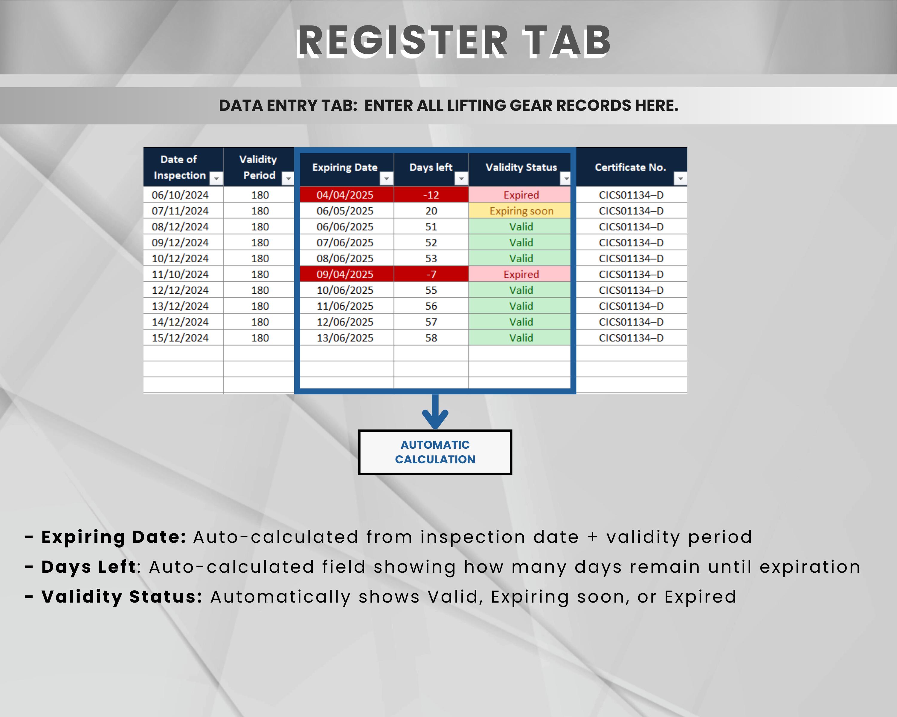 Lifting Gear Inspection Register | Excel Tracker for Safety Compliance ...