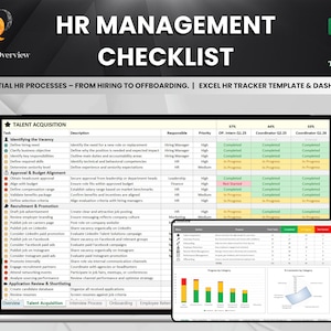 Könnte beinhalten: Ein Laptop zeigt eine HR Management Checkliste, eine Excel-Vorlage. Der Bildschirm zeigt eine detaillierte Checkliste für HR-Prozesse, einschließlich Talentakquise und Onboarding. Daneben ein Tablet mit Diagrammen.