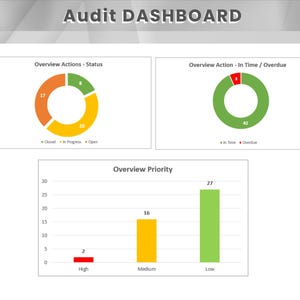 May include: A bar chart shows the number of audit actions categorized by priority: high, medium, and low. There are 2 high priority actions, 16 medium priority actions, and 27 low priority actions.  A pie chart shows the status of audit actions: 17 closed, 8 in progress, and 20 open. Another pie chart shows the number of audit actions that are in time or overdue: 42 in time and 3 overdue.