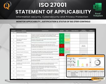 May include: A green and white Excel template for ISO 27001 Statement of Applicability. The template includes a table with columns for Control ID, Control Title, Control Description, Applicability Status, Evidence Reference, Justification, and Remarks. The template also includes a dashboard with a bar chart and a pie chart.