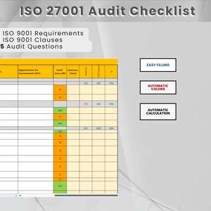 May include: A yellow and orange spreadsheet with the title "ISO 27001 Audit Checklist". The spreadsheet has columns for "Audit Evidence & Notes", "Opportunities for Improvement (OFI)", "Audit Score (%)", "Summary Check", "Yellow", "Total Issues", and "%". The spreadsheet has a total of 12 rows. The spreadsheet has three buttons at the top: "Easy Filling", "Automatic Colors", and "Automatic Calculation".