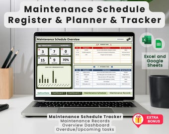 Modello Excel per il registro del programma di manutenzione: pianificatore di manutenzione, monitoraggio della manutenzione, costi di manutenzione. Registro di calibrazione bonus