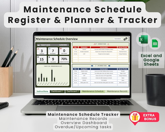 Maintenance Schedule Register Excel Template: Maintenance Planner, Maintenance Tracker, Mainteance Cost. Bônus Calibration Register