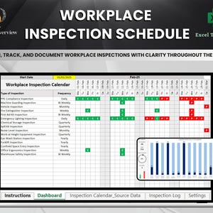 May include: A computer screen displaying a workplace inspection schedule calendar template. The calendar is color-coded with green, red, and blue. The calendar is titled "Workplace Inspection Calendar" and includes a list of inspection types, frequencies, and dates. The calendar is part of a larger Excel template for managing workplace inspections.